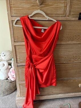 RNWY Red Asymmetrical Satin Dress with Side Tie